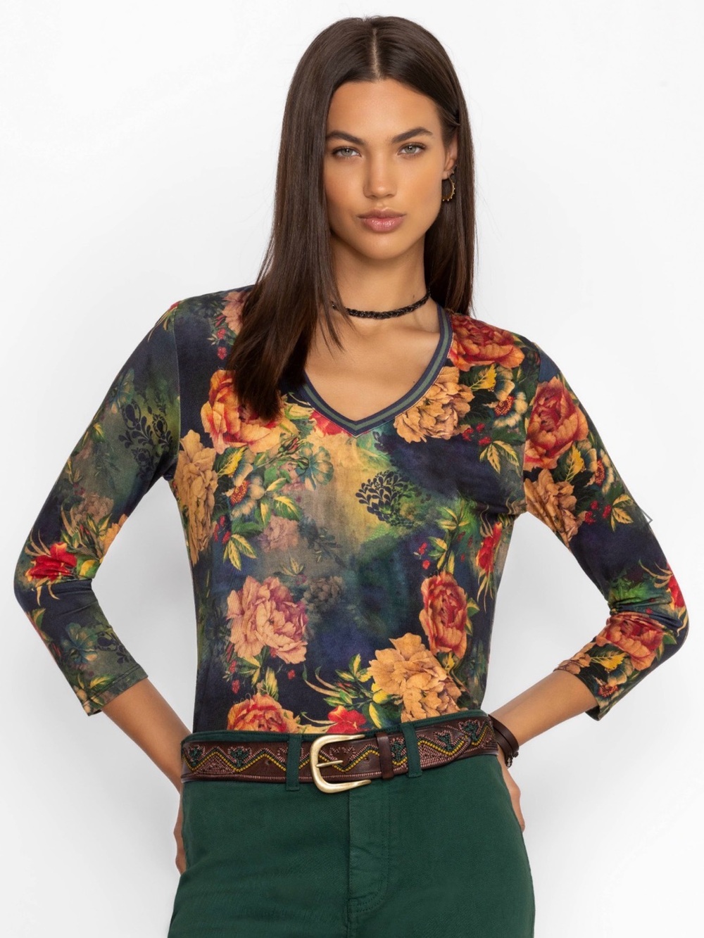 Johnny Was The Janie Favorite 3/4 Sleeve V-Neck Tee Top Catalina Floral Boho L - Picture 8 of 8